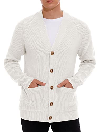 Hisir Strickjacke Herren Pullover Cardigan Feinstrick Klassischer V Ausschnitt Winter Warme Weiche Strickjacken mit Knöpfe und Taschen, Langarm Strickpullover Pullover für Männer (03 Weiß, L) von Hisir