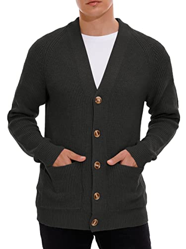 Hisir Strickjacke Herren Pullover Cardigan Feinstrick Klassischer V Ausschnitt Winter Warme Weiche Strickjacken mit Knöpfe und Taschen, Langarm Strickpullover Pullover für Männer (05 Dunkelgrau, L) von Hisir