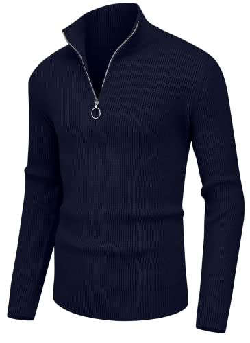 Hisir Pullover Herren Strickpullover 1/4 Zip Pulli Männer, Bequem Weich Warmer Winter Pullover für Männer Herren Pullover mit Stehkragen mit Reißverschluss (Marineblau, M) von Hisir