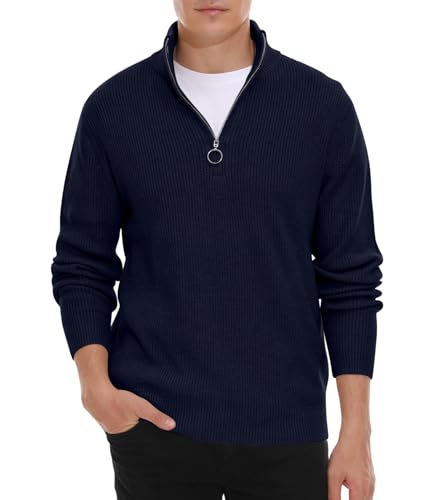 Hisir Pullover Herren Strickpullover 1/4 Zip Pulli Männer, Bequem Weich Warmer Winter Pullover für Männer Herren Pullover mit Stehkragen mit Reißverschluss (Marineblau, L) von Hisir