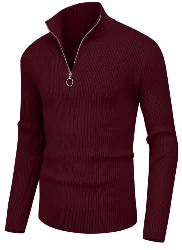 Hisir Pullover Herren Strickpullover 1/4 Zip Pulli Männer, Bequem Weich Warmer Winter Pullover für Männer Herren Pullover mit Stehkragen mit Reißverschluss (Weinrot, L) von Hisir