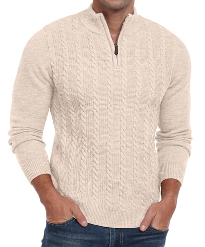 Hisir Half Zip Pullover Herren Strickpullover Zopfstrickpullover mit Rundhalsausschnitt Langarmpullover Winterpullover für Männer (Beige, XL) von Hisir