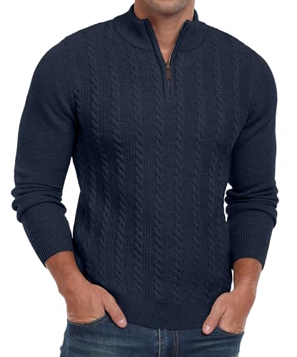 Hisir Half Zip Pullover Herren Strickpullover Zopfstrickpullover mit Rundhalsausschnitt Langarmpullover Winterpullover für Männer (Marineblau, L) von Hisir