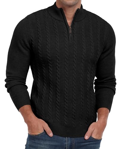 Hisir Half Zip Pullover Herren Strickpullover Zopfstrickpullover mit Rundhalsausschnitt Langarmpullover Winterpullover für Männer (Schwarz, XXL) von Hisir