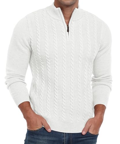 Hisir Half Zip Pullover Herren Strickpullover Zopfstrickpullover mit Rundhalsausschnitt Langarmpullover Winterpullover für Männer (Weiß, M) von Hisir