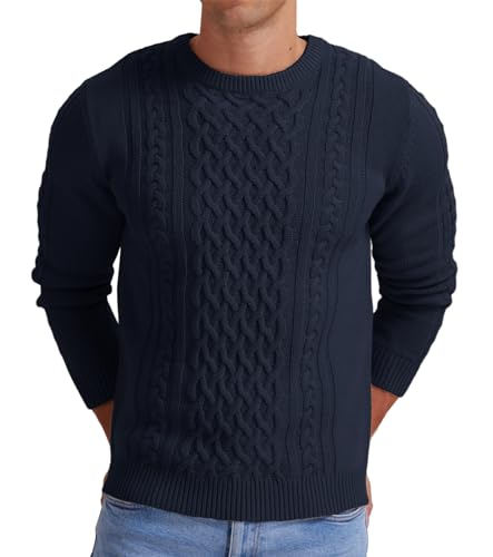 Hisir Herren Winter Pullover Dicke Kabelstrick Lässig Rundhals Warm Langärmelig Sweater Strickpullover Rundhals Pulli Männer (Marineblau, L) von Hisir