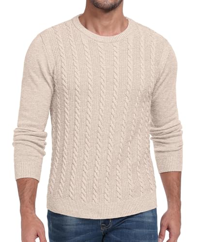Hisir Herren Strickpullover Kabel Stricken Dicken Rundhalsausschnitt Weben Pullover Winter Warm Langarm Pullover für Herren (Beige, XXL) von Hisir