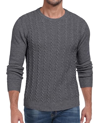 Hisir Herren Strickpullover Kabel Stricken Dicken Rundhalsausschnitt Weben Pullover Winter Warm Langarm Pullover für Herren (Dunkelgrau, XL) von Hisir