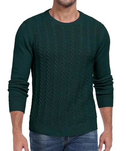 Hisir Herren Strickpullover Kabel Stricken Dicken Rundhalsausschnitt Weben Pullover Winter Warm Langarm Pullover für Herren (Dunkelgrün, L) von Hisir