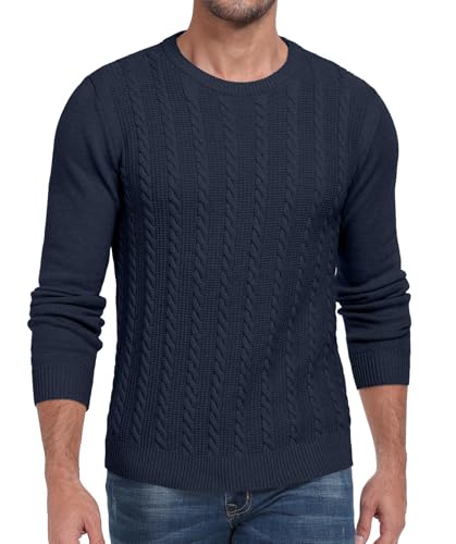 Hisir Herren Strickpullover Kabel Stricken Dicken Rundhalsausschnitt Weben Pullover Winter Warm Langarm Pullover für Herren (Marineblau, XL) von Hisir