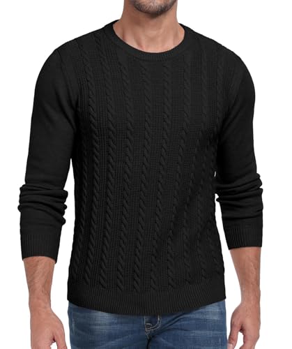Hisir Herren Strickpullover Kabel Stricken Dicken Rundhalsausschnitt Weben Pullover Winter Warm Langarm Pullover für Herren (Schwarz, S) von Hisir
