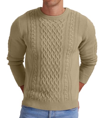 Hisir Herren Winter Pullover Dicke Kabelstrick Lässig Rundhals Warm Langärmelig Sweater Strickpullover Rundhals Pulli Männer (Khaki, L) von Hisir