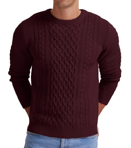 Hisir Herren Winter Pullover Dicke Kabelstrick Lässig Rundhals Warm Langärmelig Sweater Strickpullover Rundhals Pulli Männer (Weinrot, M) von Hisir