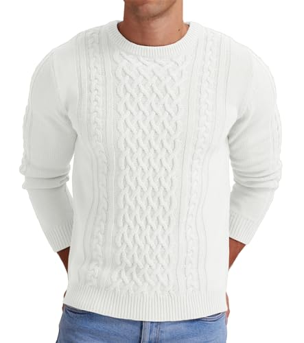 Hisir Herren Winter Pullover Dicke Kabelstrick Lässig Rundhals Warm Langärmelig Sweater Strickpullover Rundhals Pulli Männer (weiß, XL) von Hisir