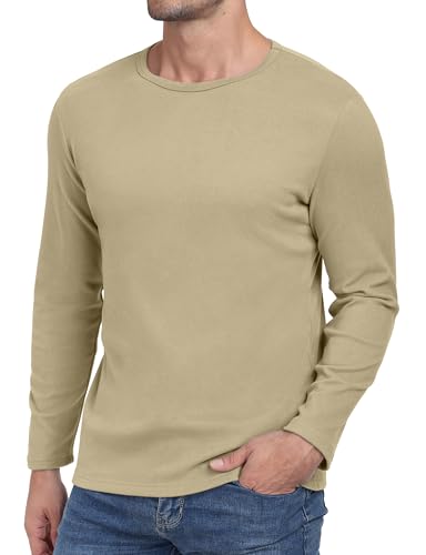 Hisir Langarmshirt Herren Rundhals T-Shirt Basic-T Winter Thermo Unterhemd Longsleeve Slim fit Stretch Oberteil Warm Tops (Khaki, L) von Hisir
