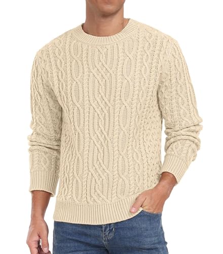 Hisir Pullover Herren KabelStrickpullover Rundhalsausschnitt Winterpullover Langarm Oberteile für Männer (Beige, L) von Hisir