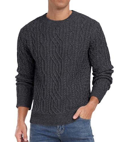 Hisir Pullover Herren KabelStrickpullover Rundhalsausschnitt Winterpullover Langarm Oberteile für Männer (Dunkelgrau, XL) von Hisir