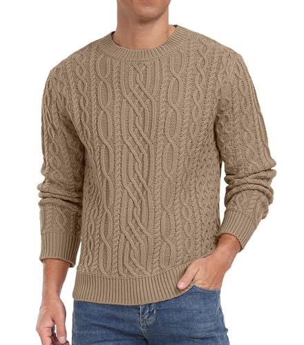 Hisir Pullover Herren KabelStrickpullover Rundhalsausschnitt Winterpullover Langarm Oberteile für Männer (Khaki, L) von Hisir