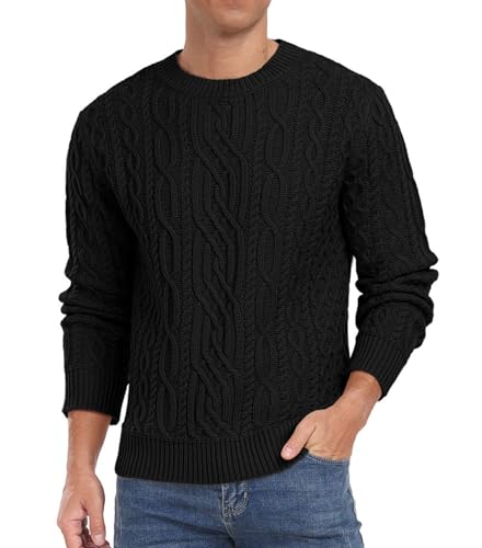 Hisir Pullover Herren KabelStrickpullover Rundhalsausschnitt Winterpullover Langarm Oberteile für Männer (Schwarz, XXL) von Hisir