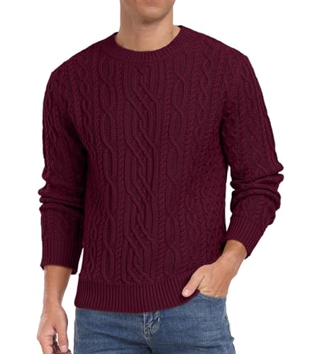 Hisir Pullover Herren KabelStrickpullover Rundhalsausschnitt Winterpullover Langarm Oberteile für Männer (Weinrot, L) von Hisir
