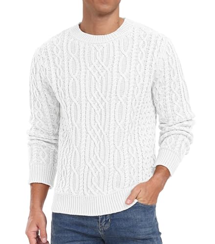 Hisir Pullover Herren KabelStrickpullover Rundhalsausschnitt Winterpullover Langarm Oberteile für Männer (Weiß, M) von Hisir