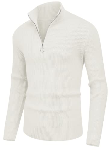 Hisir Pullover Herren Strickpullover 1/4 Zip Pulli Männer, Bequem Weich Warmer Winter Pullover für Männer Herren Pullover mit Stehkragen mit Reißverschluss (Weiß, M) von Hisir