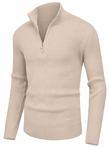 Hisir Pullover Herren Strickpullover 1/4 Zip Pulli Männer, Bequem Weich Warmer Winter Pullover für Männer Herren Pullover mit Stehkragen mit Reißverschluss (10 Beige, L) von Hisir