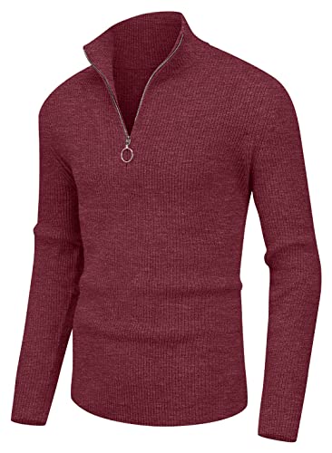 Hisir Pullover Herren Strickpullover 1/4 Zip Pulli Männer, Bequem Weich Warmer Winter Pullover für Männer Herren Pullover mit Stehkragen mit Reißverschluss (12 Rot, L) von Hisir