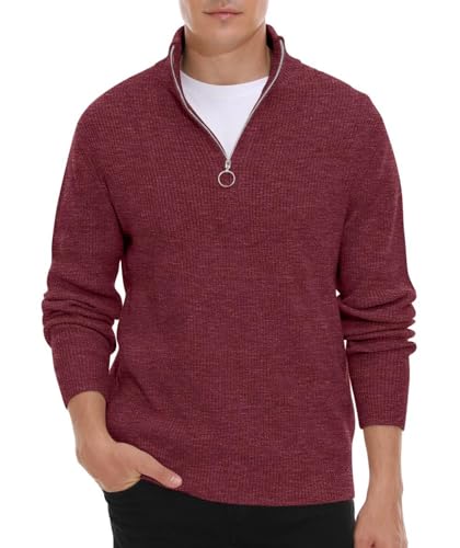 Hisir Pullover Herren Strickpullover 1/4 Zip Pulli Männer, Bequem Weich Warmer Winter Pullover für Männer Herren Pullover mit Stehkragen mit Reißverschluss (12 Rot, L) von Hisir