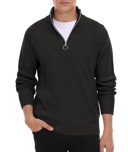 Hisir Pullover Herren Strickpullover 1/4 Zip Pulli Männer, Bequem Weich Warmer Winter Pullover für Männer Herren Pullover mit Stehkragen mit Reißverschluss (Dunkelgrau, L) von Hisir