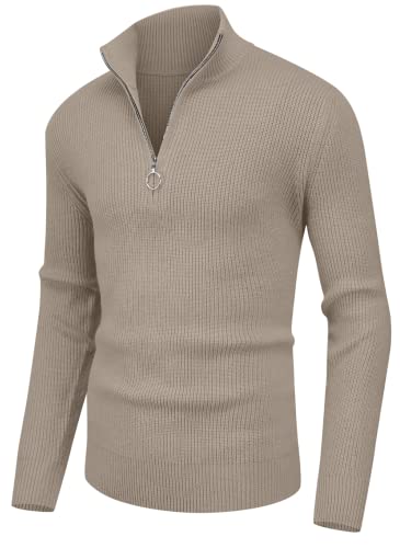 Hisir Pullover Herren Strickpullover 1/4 Zip Pulli Männer, Bequem Weich Warmer Winter Pullover für Männer Herren Pullover mit Stehkragen mit Reißverschluss (Khaki, L) von Hisir