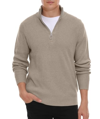 Hisir Pullover Herren Strickpullover 1/4 Zip Pulli Männer, Bequem Weich Warmer Winter Pullover für Männer Herren Pullover mit Stehkragen mit Reißverschluss (Khaki, M) von Hisir