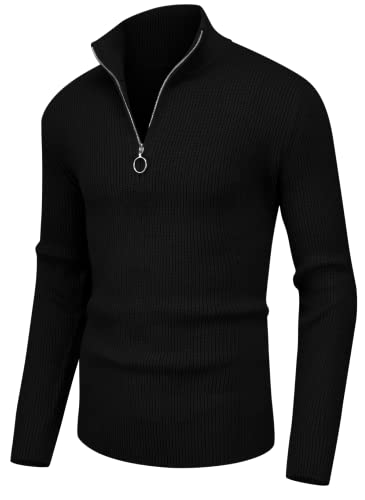 Hisir Pullover Herren Strickpullover 1/4 Zip Pulli Männer, Bequem Weich Warmer Winter Pullover für Männer Herren Pullover mit Stehkragen mit Reißverschluss (Schwarz, L) von Hisir