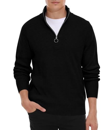 Hisir Pullover Herren Strickpullover 1/4 Zip Pulli Männer, Bequem Weich Warmer Winter Pullover für Männer Herren Pullover mit Stehkragen mit Reißverschluss (Schwarz, L) von Hisir