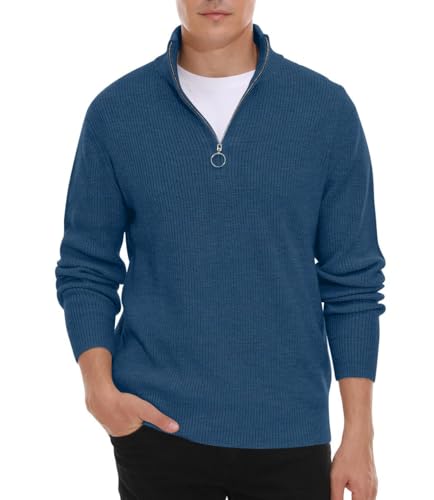 Hisir Pullover Herren Strickpullover 1/4 Zip Pulli Männer, Bequem Weich Warmer Winter Pullover für Männer Herren Pullover mit Stehkragen mit Reißverschluss (VC Blau, L) von Hisir