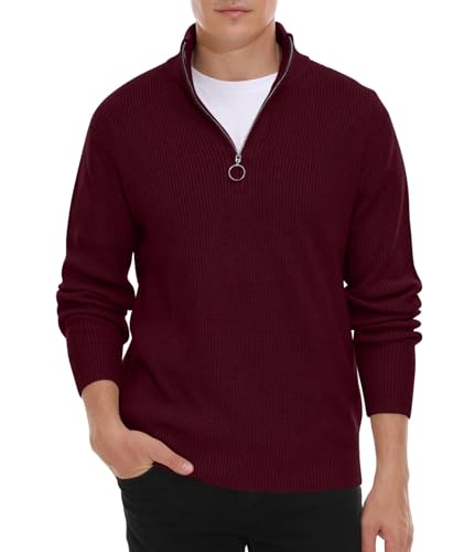 Hisir Pullover Herren Strickpullover 1/4 Zip Pulli Männer, Bequem Weich Warmer Winter Pullover für Männer Herren Pullover mit Stehkragen mit Reißverschluss (Weinrot, XXL) von Hisir