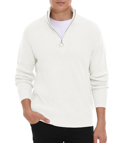 Hisir Pullover Herren Strickpullover 1/4 Zip Pulli Männer, Bequem Weich Warmer Winter Pullover für Männer Herren Pullover mit Stehkragen mit Reißverschluss (Weiß, S) von Hisir
