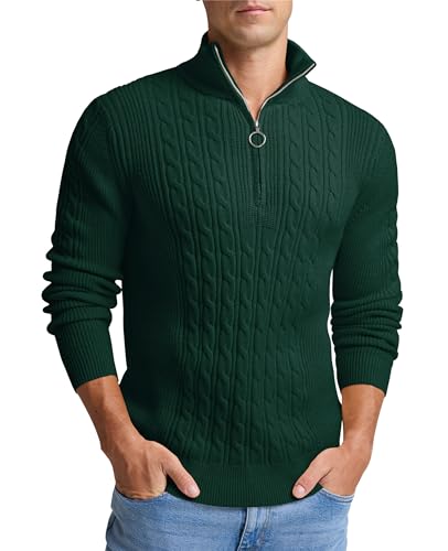 Hisir Pullover Herren Strickpullover Winter 1/2 Zip Kabel Stricken Pullover lässig Fischer Polo Hals warm Langarm Pullover Tops für Männer (Dunkelgrün, XL) von Hisir