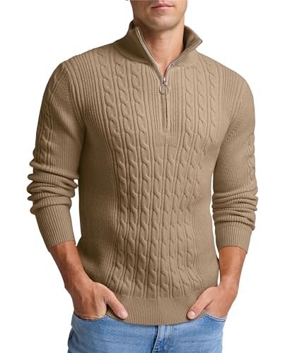 Hisir Pullover Herren Strickpullover Winter 1/2 Zip Kabel Stricken Pullover lässig Fischer Polo Hals warm Langarm Pullover Tops für Männer (Khaki, L) von Hisir