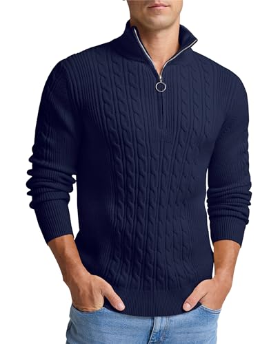 Hisir Pullover Herren Strickpullover Winter 1/2 Zip Kabel Stricken Pullover lässig Fischer Polo Hals warm Langarm Pullover Tops für Männer (Marineblau, S) von Hisir