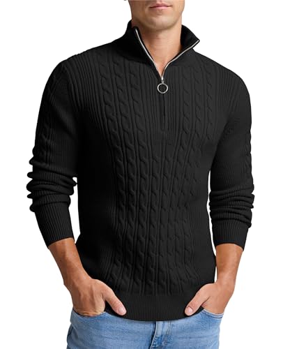 Hisir Pullover Herren Strickpullover Winter 1/2 Zip Kabel Stricken Pullover lässig Fischer Polo Hals warm Langarm Pullover Tops für Männer (schwarz, L) von Hisir