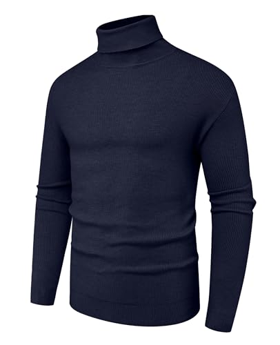 Hisir Rollkragenpullover Herren Klassischer Männer Bequem Langarmshirt Feinstrick Warmer Winter Pullover Pulli mit Rundhalsausschnitt für Männer (Marineblau, L) von Hisir