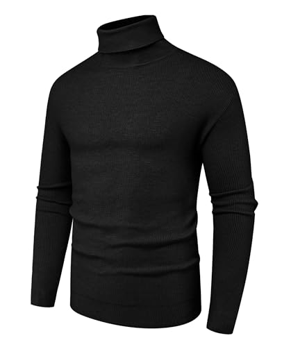 Hisir Rollkragenpullover Herren Klassischer Männer Bequem Langarmshirt Feinstrick Warmer Winter Pullover Pulli mit Rundhalsausschnitt für Männer (Schwarz, L) von Hisir