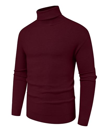 Hisir Rollkragenpullover Herren Klassischer Männer Bequem Langarmshirt Feinstrick Warmer Winter Pullover Pulli mit Rundhalsausschnitt für Männer (Weinrot, M) von Hisir