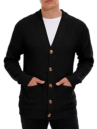 Hisir Strickjacke Herren Pullover Cardigan Feinstrick Klassischer V Ausschnitt Winter Warme Weiche Strickjacken mit Knöpfe und Taschen, Langarm Strickpullover Pullover für Männer (01 Schwarz, L) von Hisir