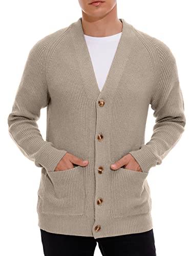 Hisir Strickjacke Herren Pullover Cardigan Feinstrick Klassischer V Ausschnitt Winter Warme Weiche Strickjacken mit Knöpfe und Taschen, Langarm Strickpullover Pullover für Männer (02 Khaki, S) von Hisir