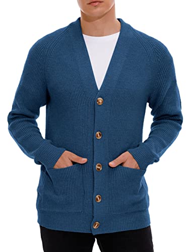 Hisir Strickjacke Herren Pullover Cardigan Feinstrick Klassischer V Ausschnitt Winter Warme Weiche Strickjacken mit Knöpfe und Taschen, Langarm Strickpullover Pullover für Männer (08 VC Blau, L) von Hisir