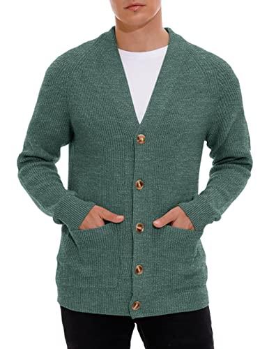 Hisir Strickjacke Herren Pullover Cardigan Feinstrick Klassischer V Ausschnitt Winter Warme Weiche Strickjacken mit Knöpfe und Taschen, Langarm Strickpullover Pullover für Männer (11 VC Grün, L) von Hisir