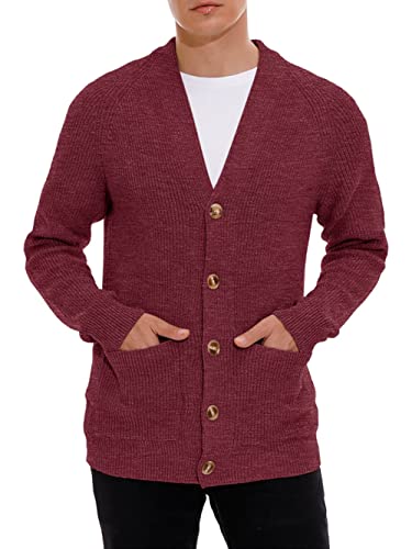 Hisir Strickjacke Herren Pullover Cardigan Feinstrick Klassischer V Ausschnitt Winter Warme Weiche Strickjacken mit Knöpfe und Taschen, Langarm Strickpullover Pullover für Männer (12 Rot, S) von Hisir