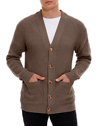 Hisir Strickjacke Herren Pullover Cardigan Feinstrick Klassischer V Ausschnitt Winter Warme Weiche Strickjacken mit Knöpfe und Taschen, Langarm Strickpullover Pullover für Männer (13 Dunkles Khaki, S) von Hisir